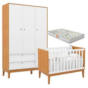 Berço Americano e Guarda Roupa Unique 3 Portas Freijó Branco Soft Eco Wood com Colchão Gazin - Matic