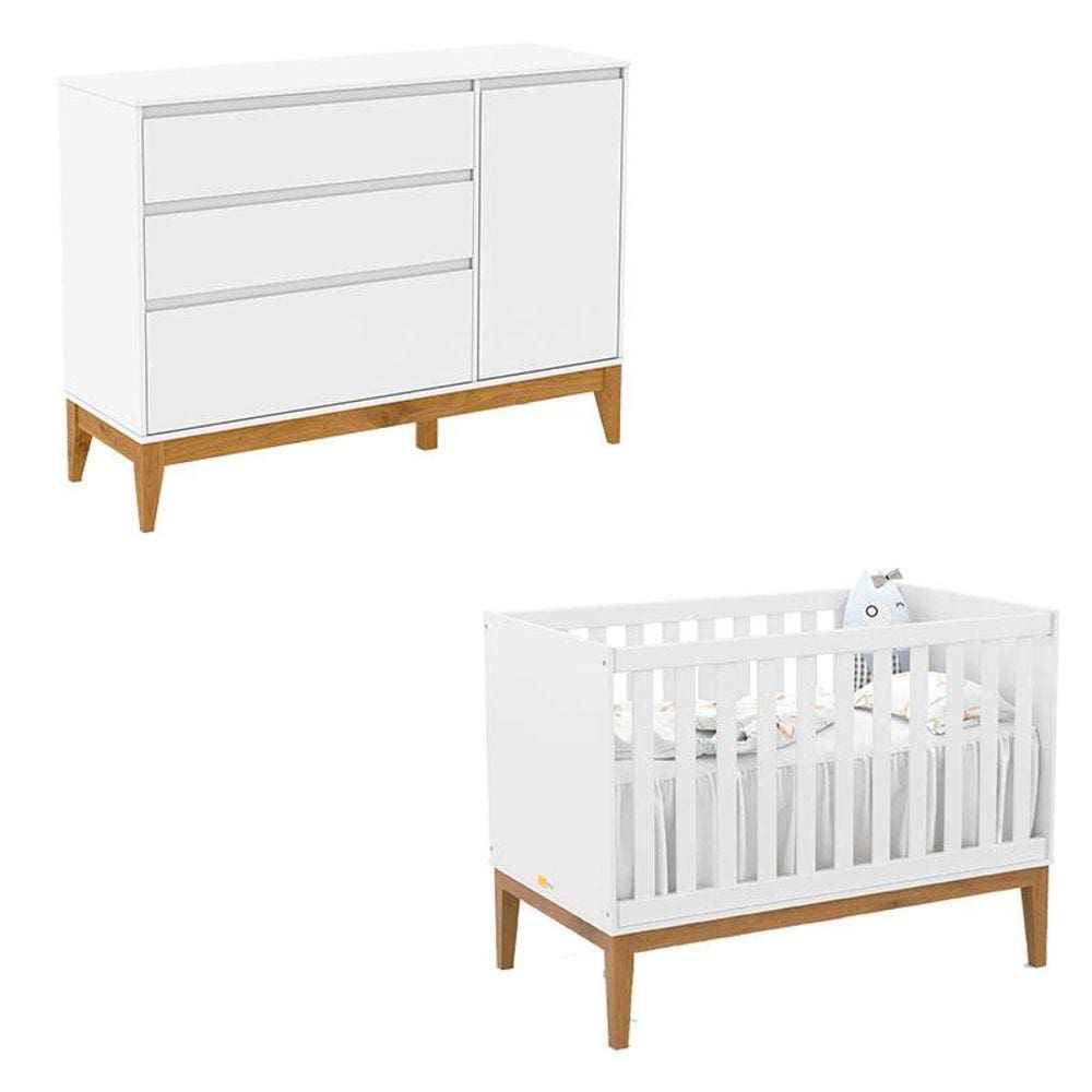 Berço Americano Unique e Cômoda com Porta Nature Clean Branco Soft Eco Wood - Matic