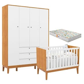 Berço Americano e Guarda Roupa Unique 4 Portas Freijó Branco Soft Eco Wood com Colchão Gazin - Matic