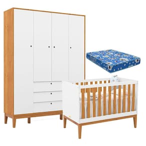 Berço Americano e Guarda Roupa Unique 4 Portas Branco Soft Freijó Eco Wood com Colchão Ortobom - Matic