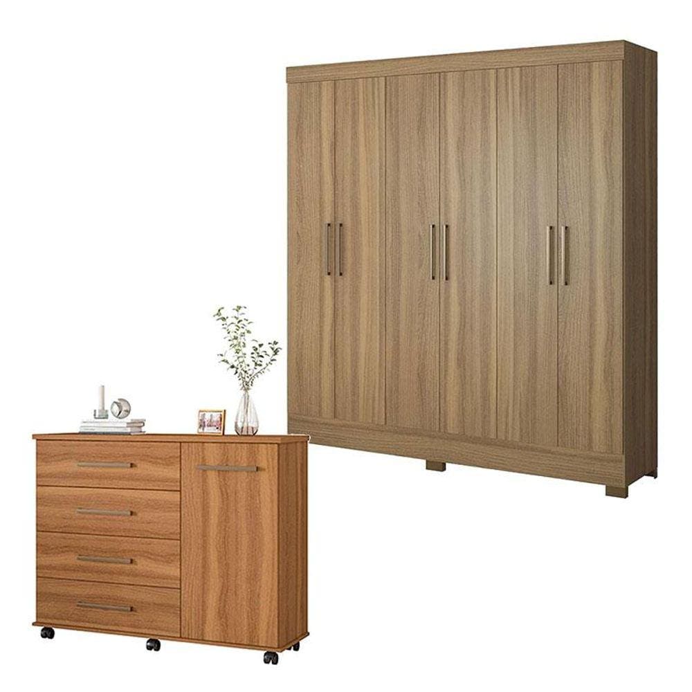 Cômoda Flora e Guarda Roupa Casal Prático Amêndola Touch - Demóbile