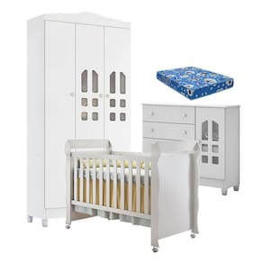 Quarto de Bebê New Selena 3 Portas com Cômoda Selena e Berço Mirelle Branco Brilho e Colchão Ortobom - Carolina Móveis