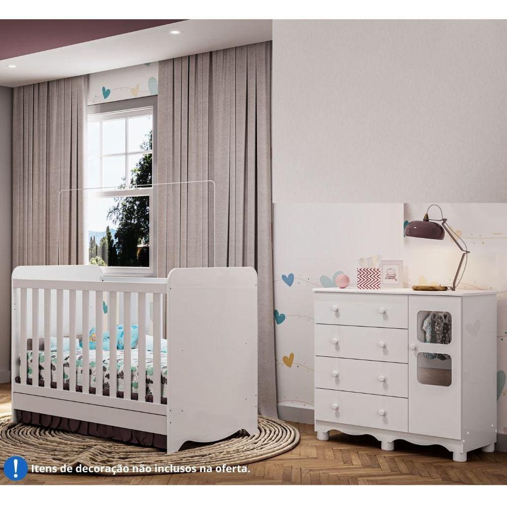 Quarto Infantil com Berço 3 em 1 Colchão e Guarda Roupa Marrom e Branco  Aconchego Completa Móveis