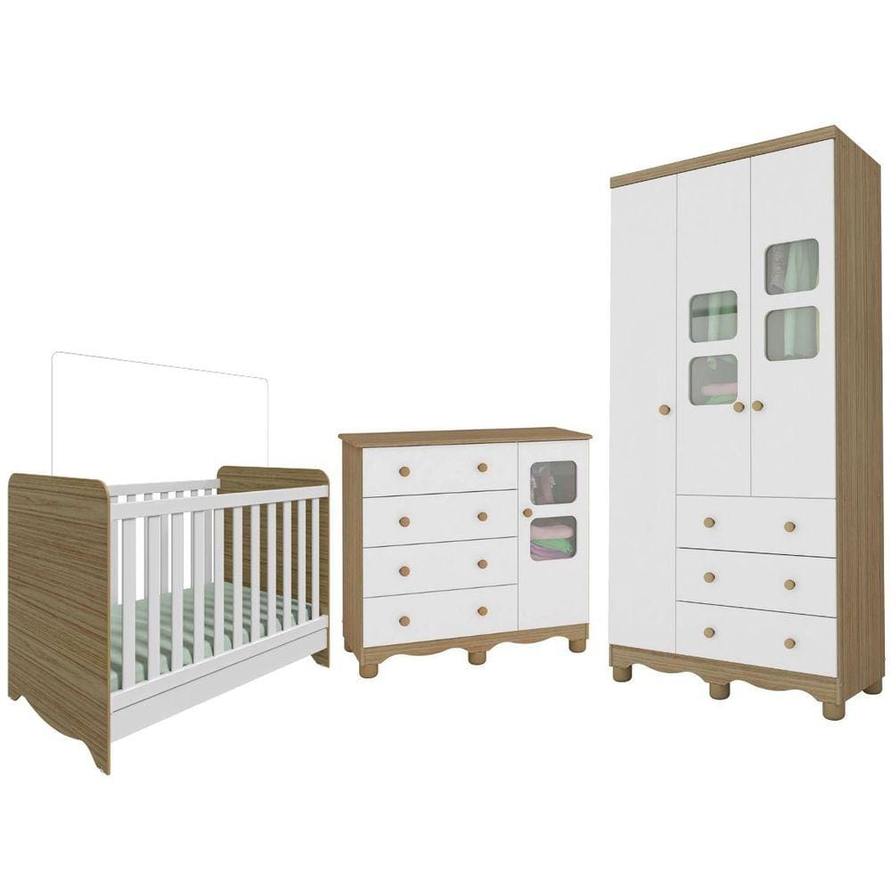 Quarto de Bebê Completo com Berço Americano Ben 3 Em 1 Guarda Roupa 3 Portas e Cômoda Uli 4 Gavetas Móveis Peroba