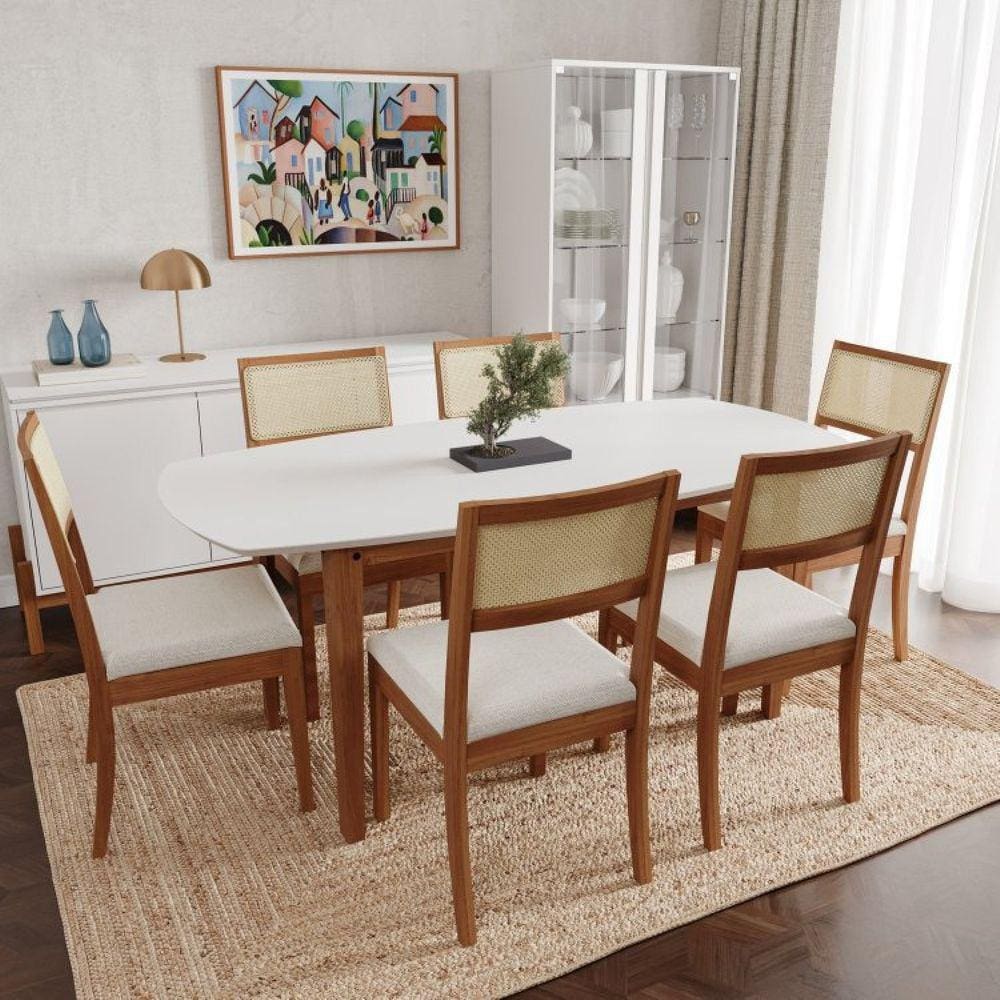 Conjunto Mesa de Jantar Tampo MDF 1,80m e 6 Cadeiras Tiê CabeCasa MadeiraMadeira Amendoa/Bege claro