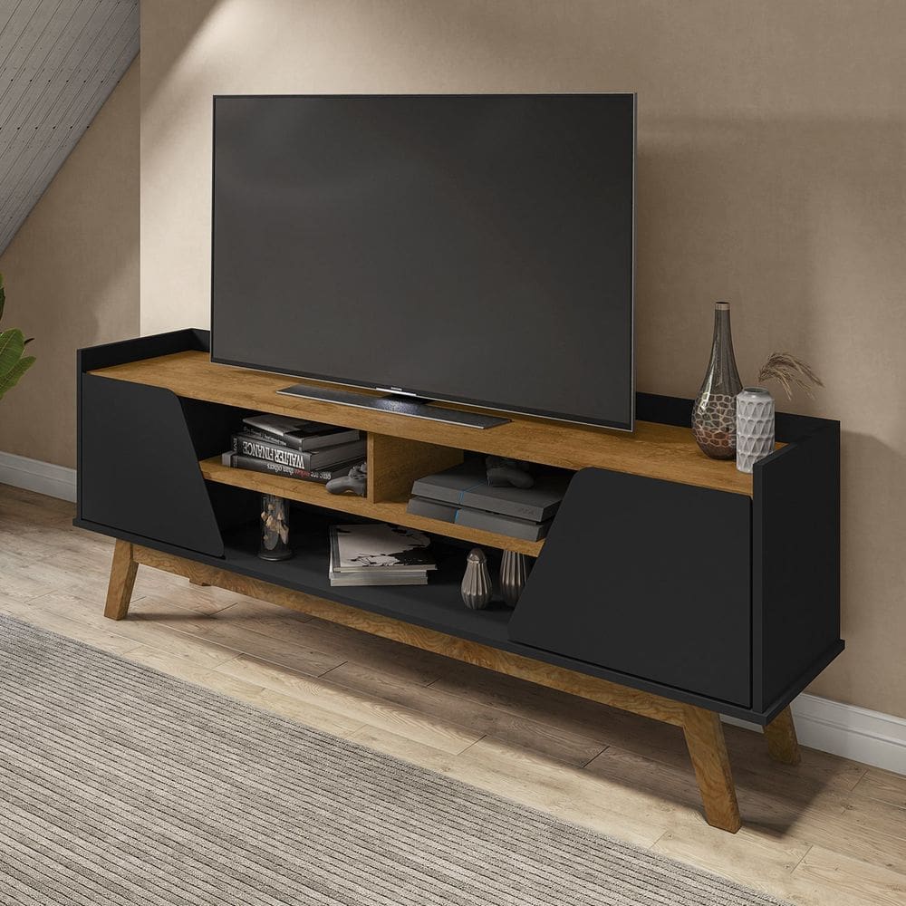 Rack Para TV Até 65 Polegadas 2 Portas 2 Nichos Decor Móveis Bechara Preto Fosco/Marromlle