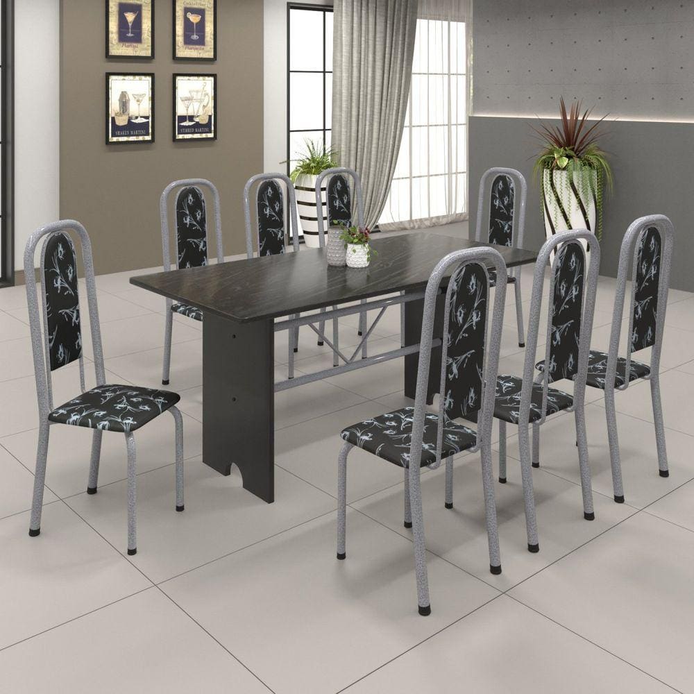 Conjunto de Mesa 180x75cm Tampo Ardósia com 8 Cadeiras Lavínea Soma Móveis Martelado Pérola/Preto Floral