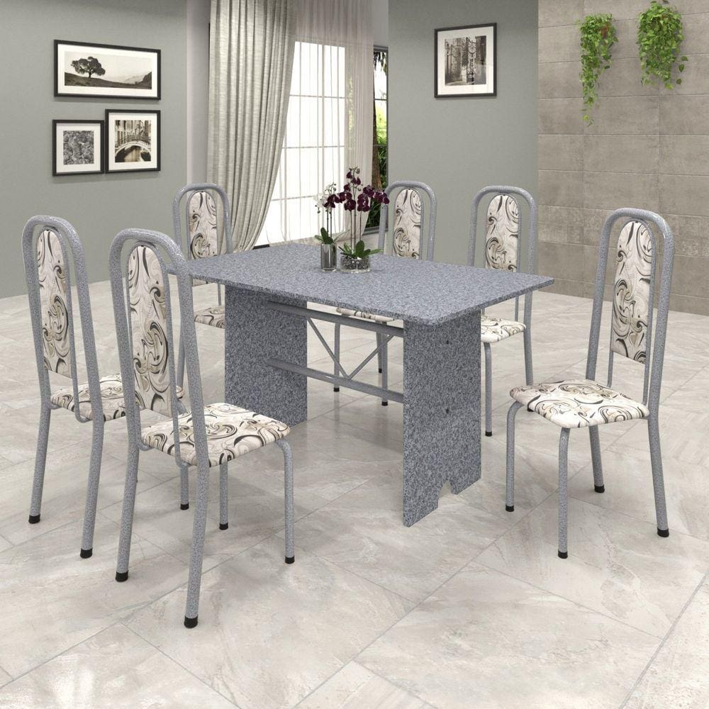 Conjunto de Mesa 140x75cm Tampo Granito com 6 Cadeiras Lavínea Soma Móveis Martelado Pérola/Ocre/Arabesco
