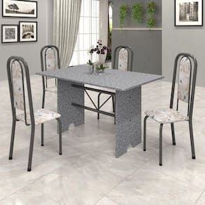 Conjunto de Mesa 120x75cm Tampo Granito com 4 Cadeiras Lavínea Soma Móveis Martelado Prata/Ocre/Botanic Bege