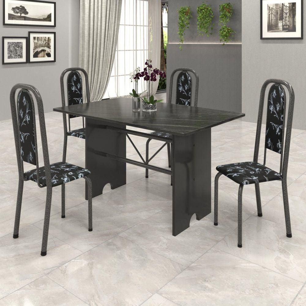 Conjunto de Mesa 120x75cm Tampo Ardósia com 4 Cadeiras Lavínea Soma Móveis Martelado Prata/Preto floral