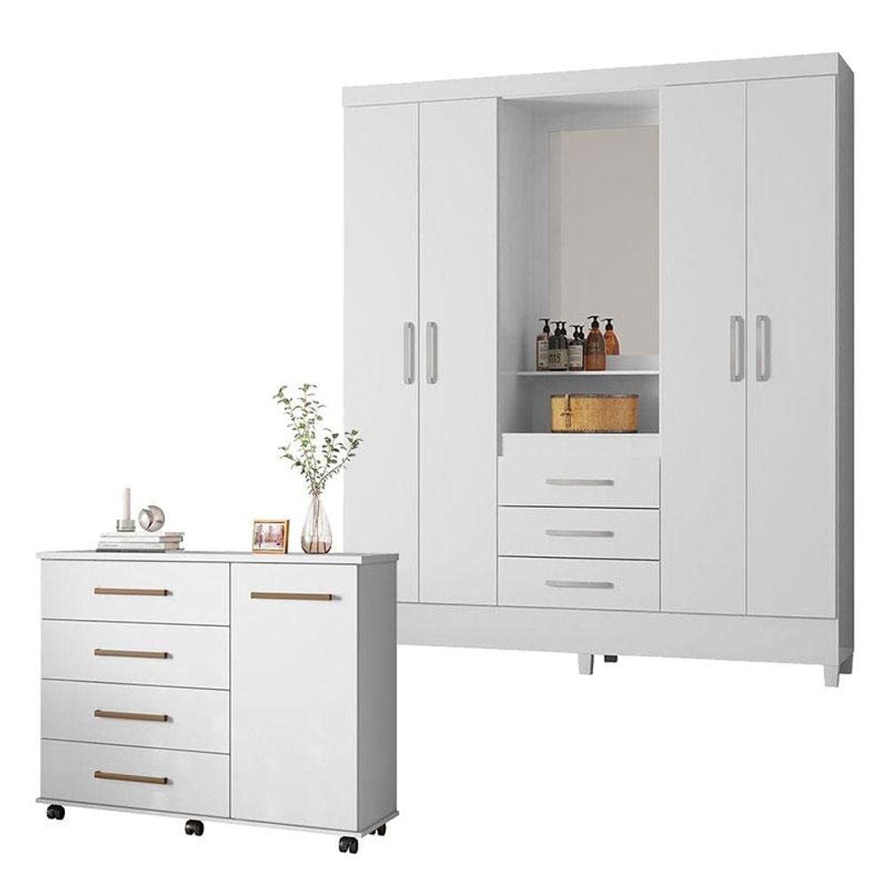 Cômoda Flora e Guarda Roupa Casal Capelinha Pérsia Branco Flex - Demóbile