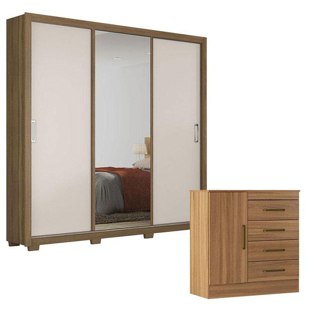 Cômoda Montevidéu e Guarda Roupa Casal Residence Amêndola Off White com Pés - Demóbile
