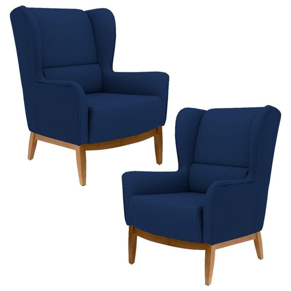 2 Poltronas Base Manu Madeira B-304 Veludo Azul Marinho Domi