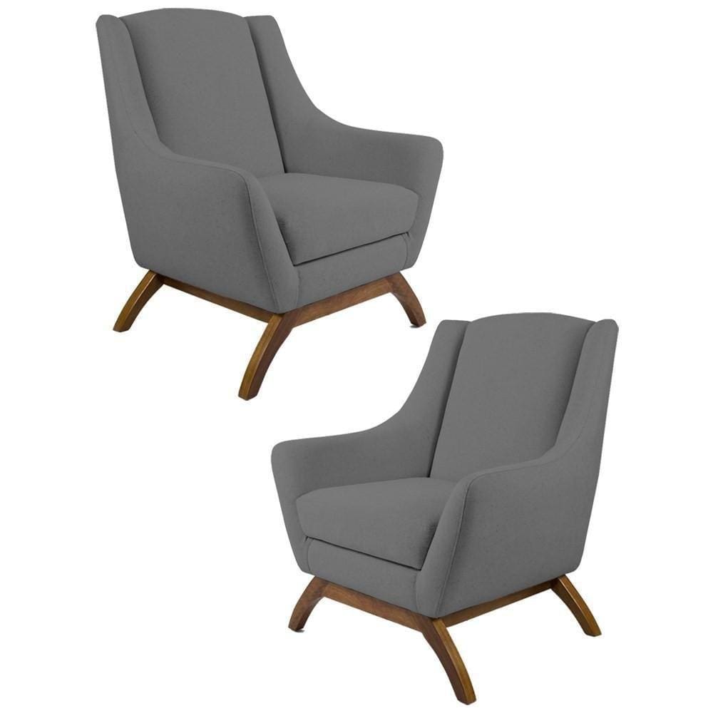 2 Poltronas Base Manu Madeira C-416 Linho Cinza Escuro Domi