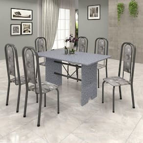 Conjunto de Mesa 140x75cm Tampo Granito com 6 Cadeiras Lavínea Soma Móveis Martelado Prata/Ocre/Paraopeba