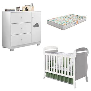 Berço Americano Danny e Cômoda Infantil Ane Branco Brilho com Colchão Gazin - Phoenix Baby