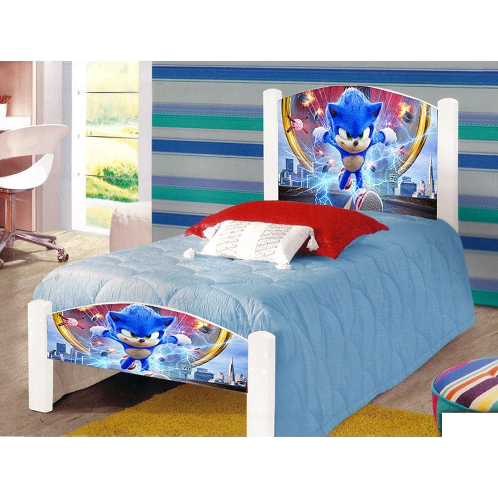 Cama Solteiro Infantil Adesivada Sonic com Grade de Proteção