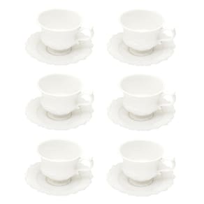 Cj 6 Xícaras P/Chá C/Pires Porcelana Fancy Branco 200ml Wolff