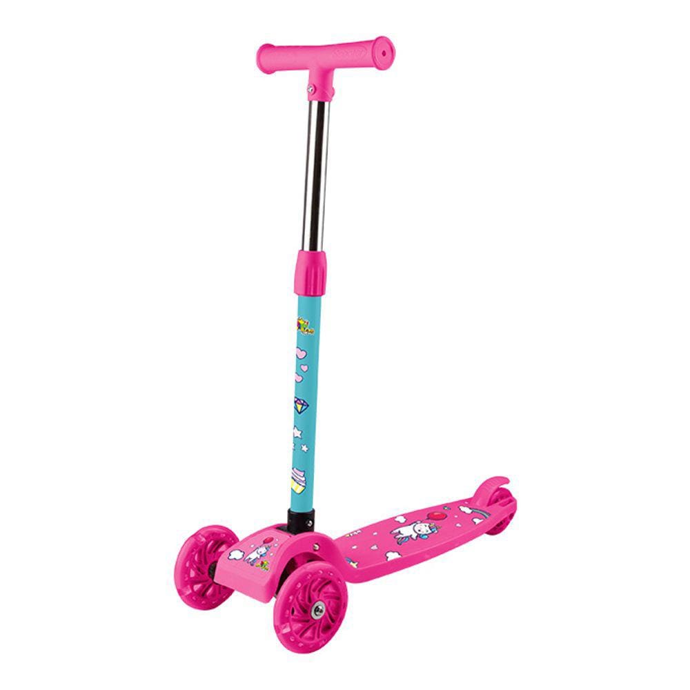 Patinete Infantil 3 Rodas com Led Unicórnio Dobrável e Altura Ajustável Rosa