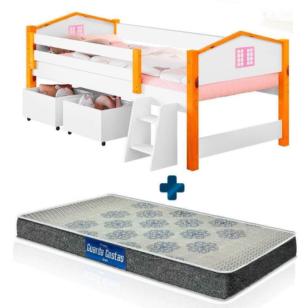 Cama Infantil Solteiro Casinha Com Baús Branco Rosa Elza Divaloto Com Colchão Probel D20 - Branco