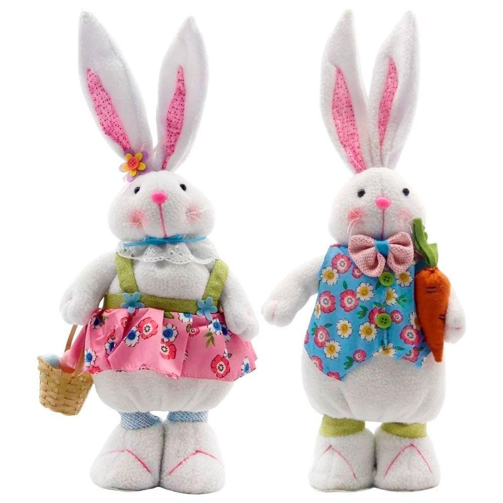 Decoração Casal De Coelhos De Páscoa Enfeite Coelhinhos 49cm