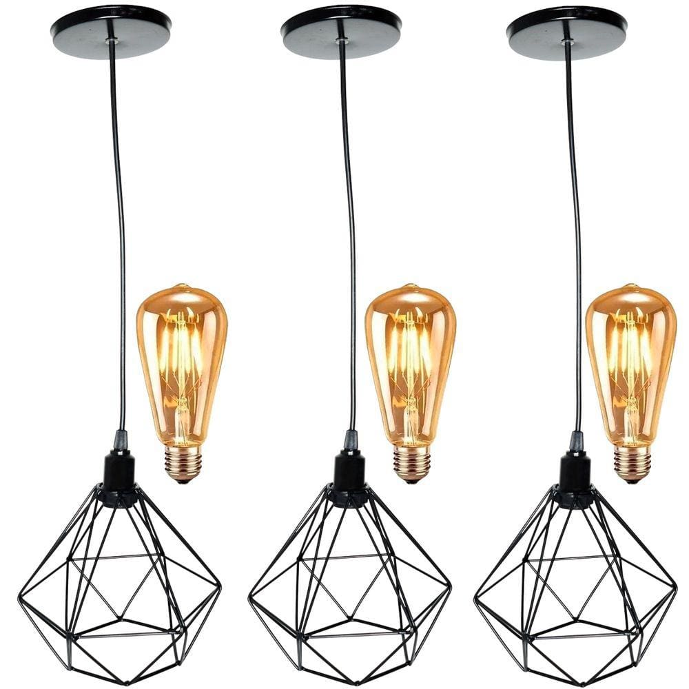 3 Pendentes Aramado Diamante Luminária Lustre Retrô Balcão + 3 Lâmpadas Led ST64 Vintage Teto
