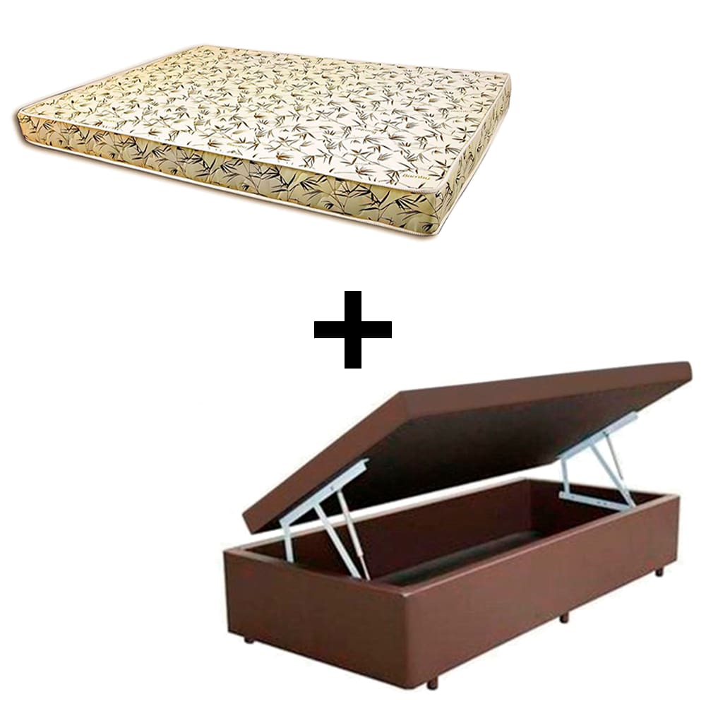 Cama Box Baú Solteiro - Tecido Sintético Marrom Com Colchão Austrália Bello Box - 100% Espuma D26 Amarelo 55x88x188