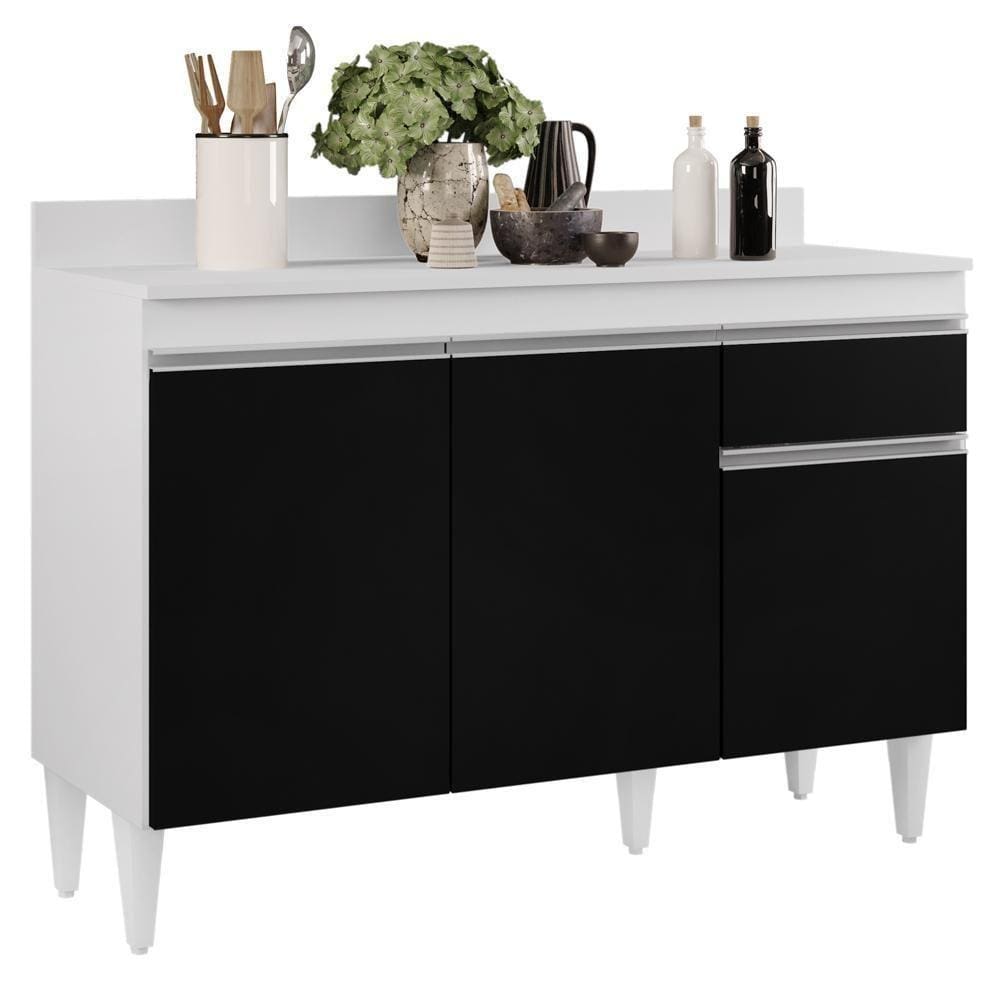 Balcão Gabinete 120cm 3 Portas 1 Gaveta Branco/Preto