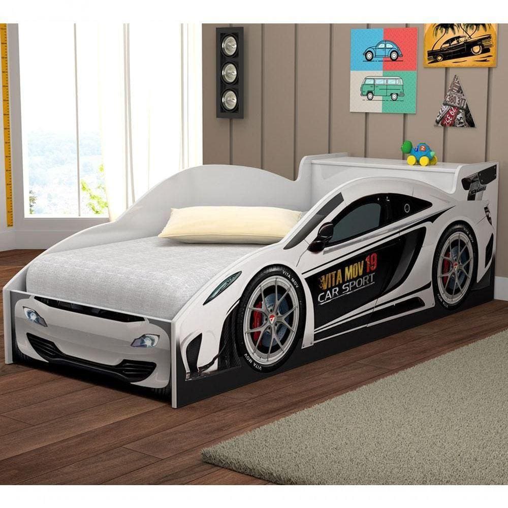 Cama Carro Solteiro Com Baú E Grade De Proteção Branco