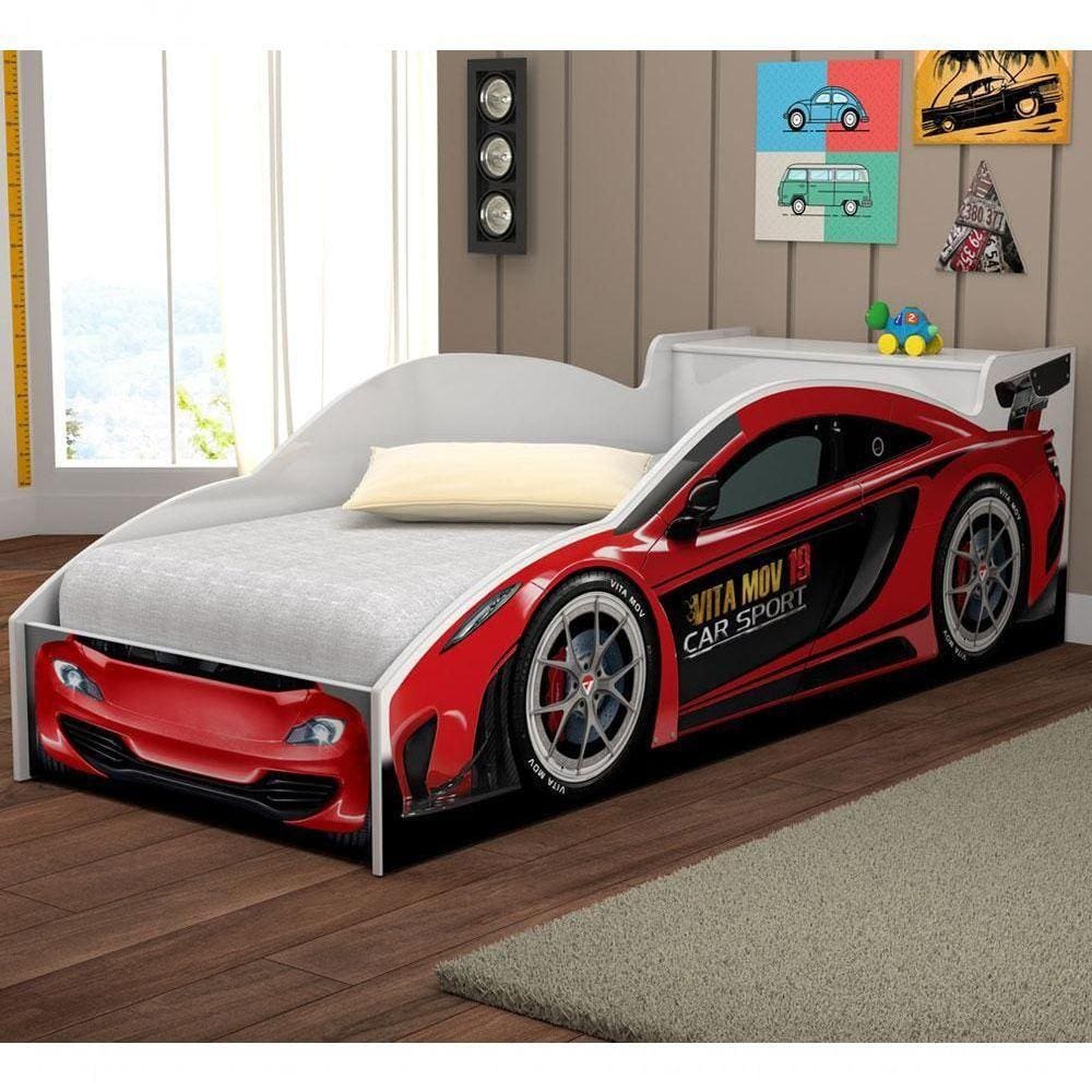 Cama Carro Infantil Com Baú E Grade De Proteção Vermelho