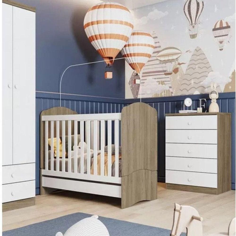 Quarto de Bebê Completo Cômoda 5 Gavetas com Berço 3 em 1 Abracadabra Espresso Móveis Rústico/Branco
