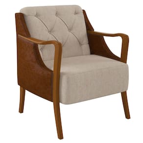 Poltrona Decorativa para Sala de Estar Capitonê Lapa M22 PU Camel/Linho Cru - Mpozenato