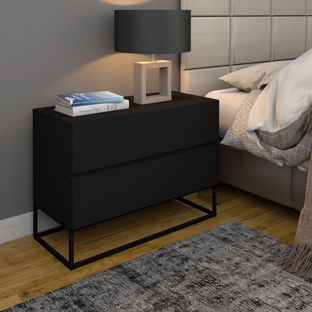 Mesa Cabeceira Eros 60CM Estilo Industrial Preto 2 Gavetas