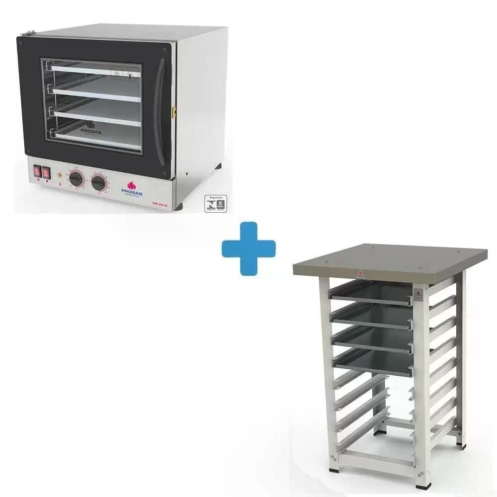 Kit - Forno Turbo Elétrico Fast Oven PRP-004 220V Preto + Bancada MES-004 + 4 Assadeiras - Progás