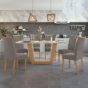 Conjunto Sala de Jantar Mesa 160x80cm Tampo MDF com 6 Cadeiras Apogeu Móveis Lopas Amêndoa Clean/Off White/Animale Bege