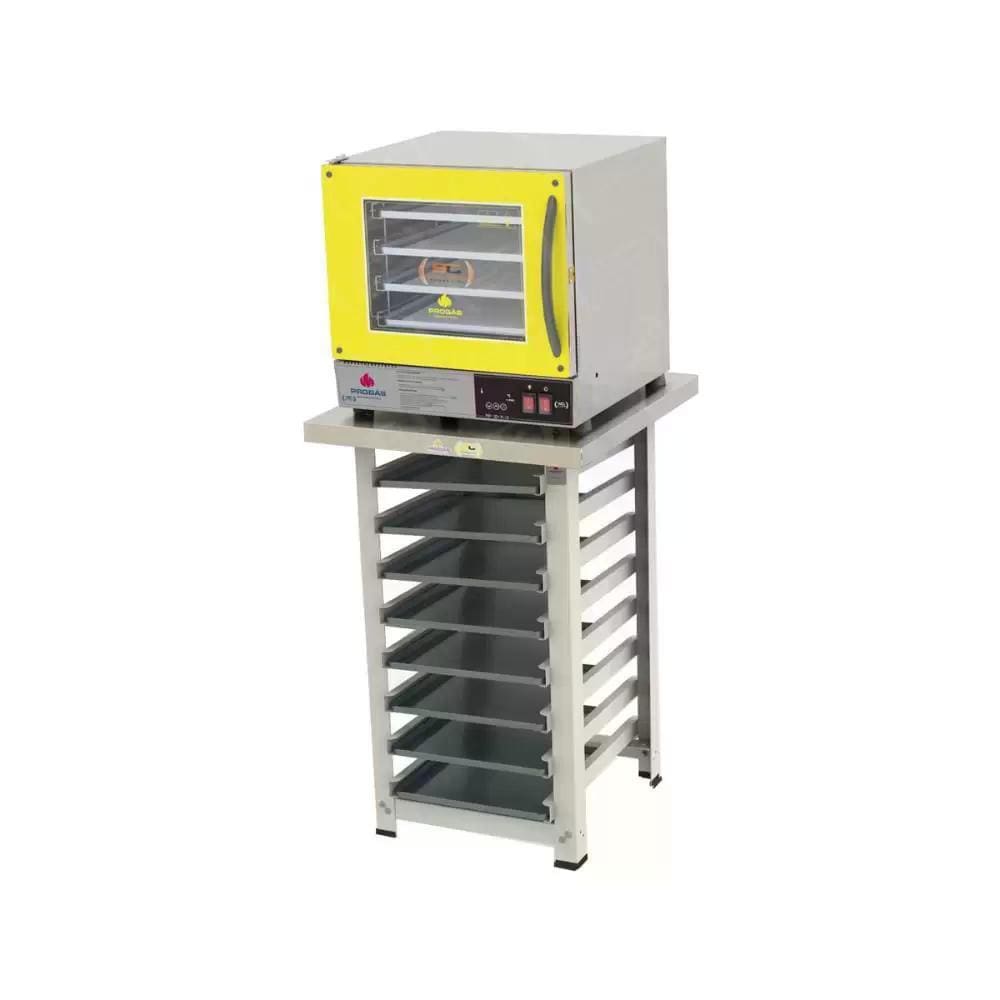 Kit - Forno Turbo Elétrico Fast Oven PRP-004 Plus 220V Amarelo + Bancada MES-004 + 8 Assadeiras - Progás
