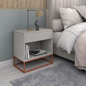 Mesa Cabeceira Malta Off White para Cama Casal com Pés de Ferro Estilo Industrial Cobre