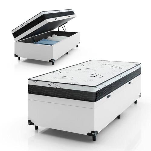 Cama Box Baú Solteiro + Colchão D33 One Face - 61x88x188cm - Couro Branco