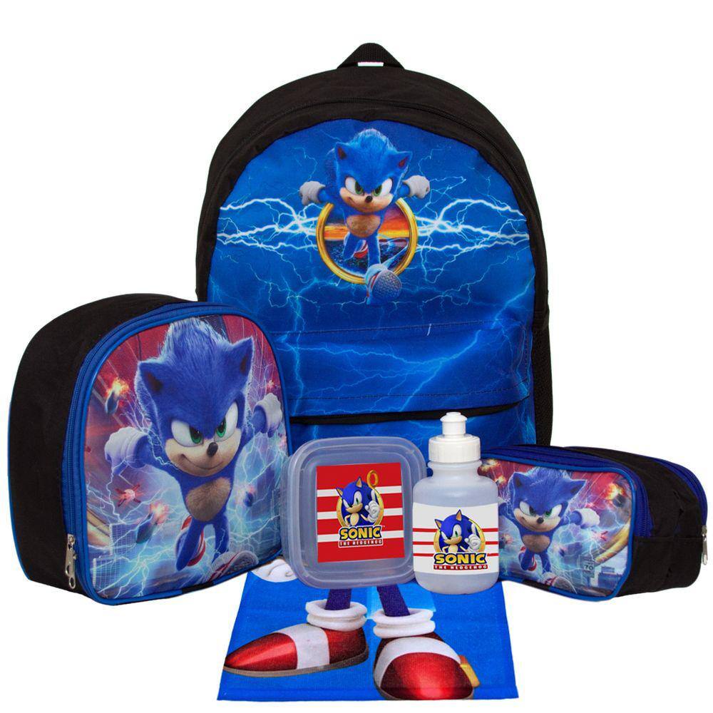 Mochila Escolar Juvenil Menino Sonic Jogo Lancheira Estojo na