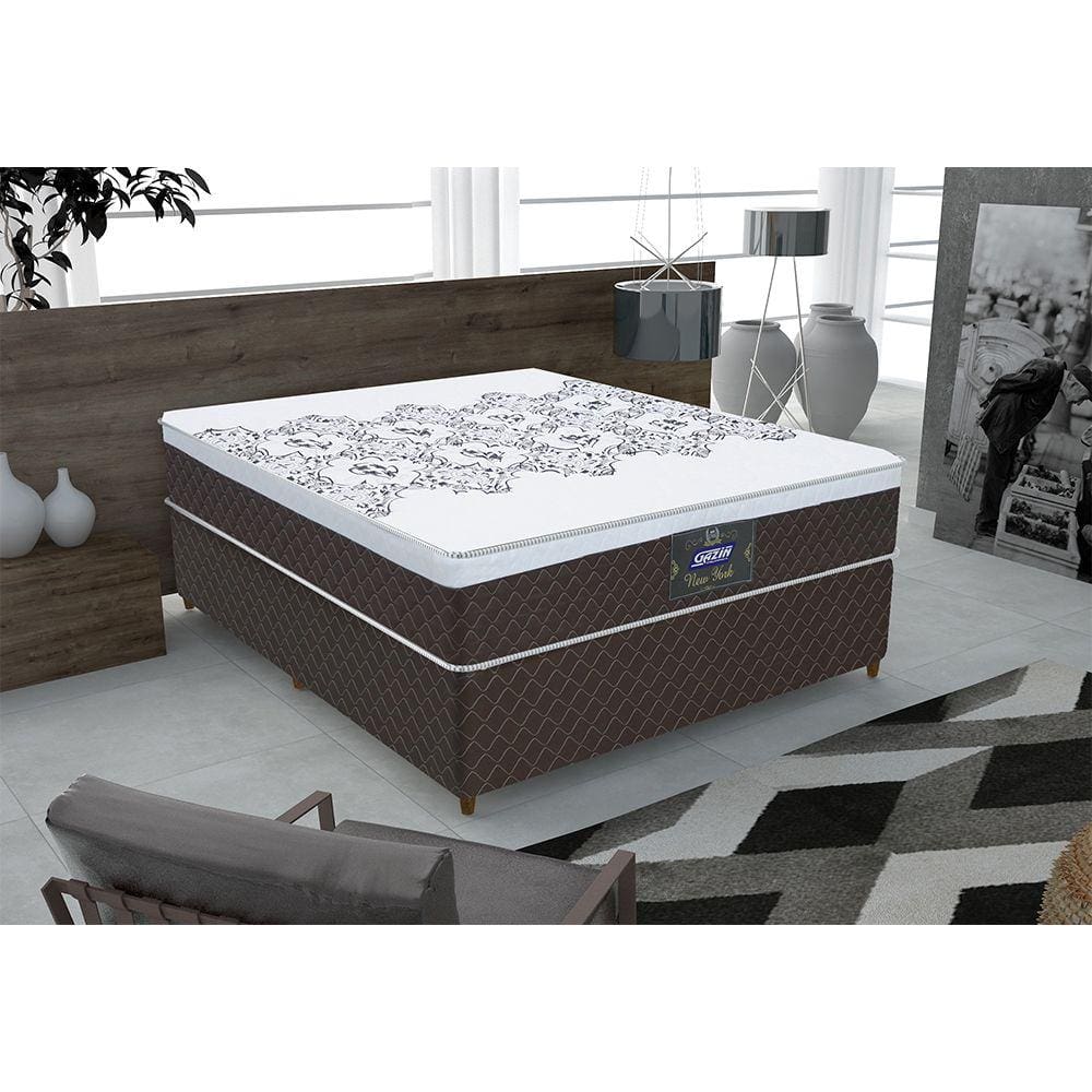 Cama Box Casal + Colchão Molas Ensacadas D28 Marrom Gazin New York 65x138x188