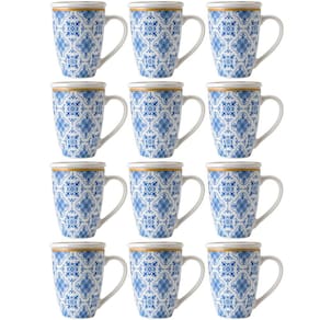 Jogo 12 Xícaras Canecas de Porcelana para Chá 310ml com Tampas e Filtros Inox Lisboa Lyor Azul
