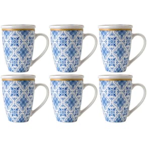Conjunto 6 Canecas de Porcelana para Chá 310ml com Tampa e Filtro Inox Lisboa Lyor Azul