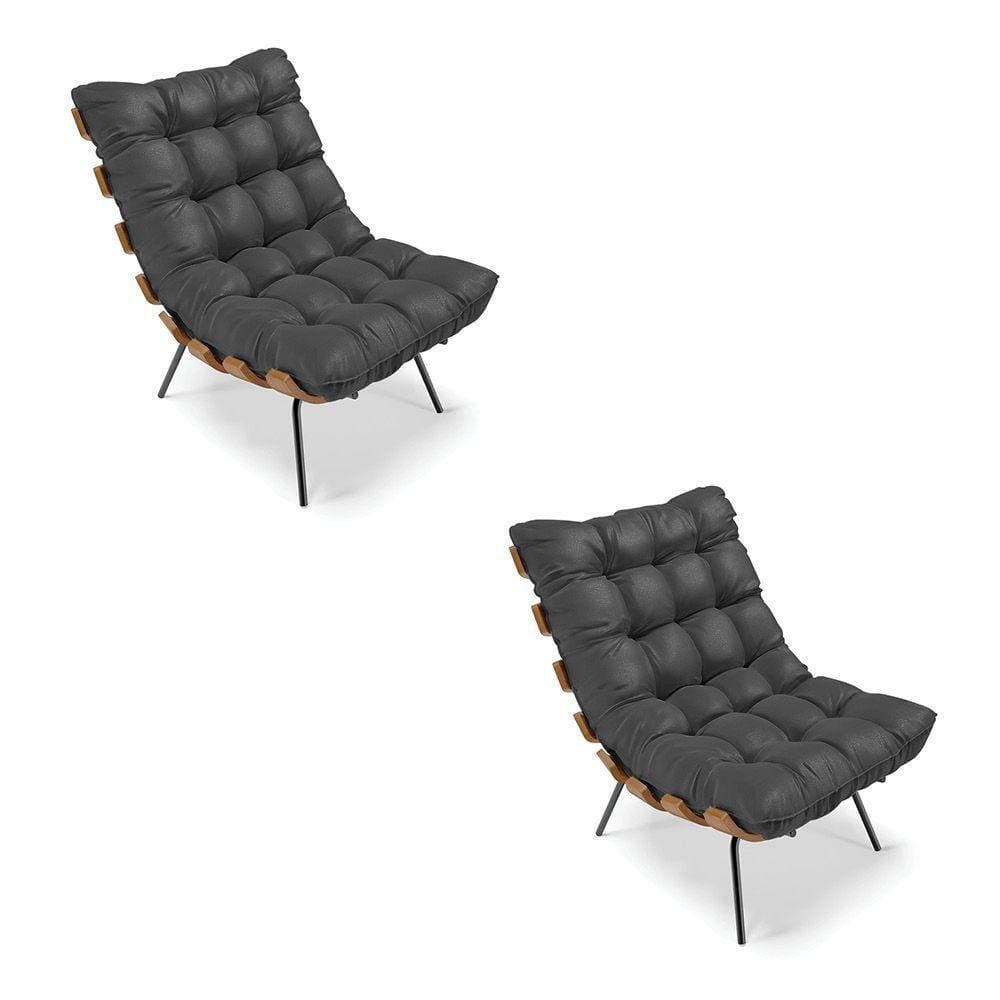 Kit 02 Poltronas Costela Corino Base Metálica Preto Preto