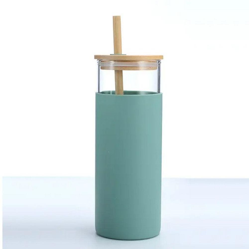 Copo De Vidro Emborrachado com Tampa e Canudo Em Bambu 500ml