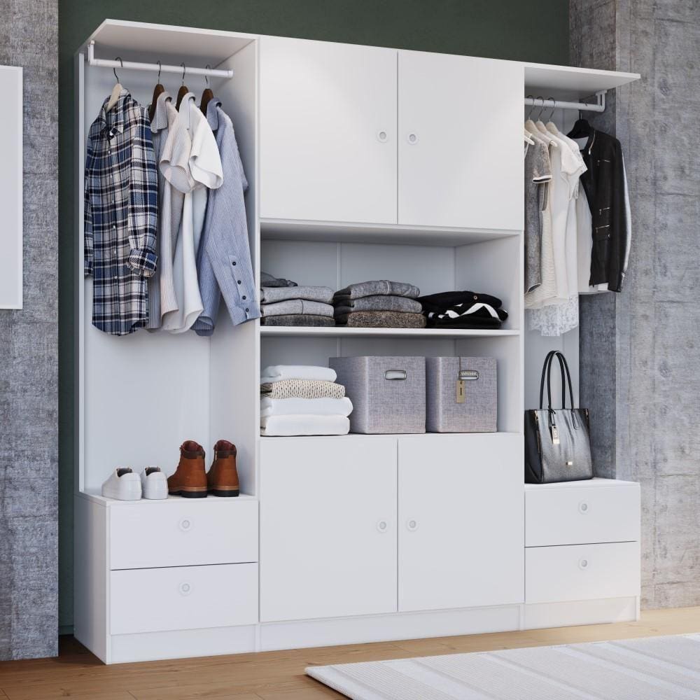 Guarda Roupa Armário Roupeiro Closet Casal Grande 4 Portas 4 Gavetas Cabideiro Quarto Branco