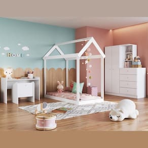 Kit Conjunto Quarto Infantil Cama Montessoriana Guarda Roupa Gaveteiro Mesa e Poltrona Quarto Branco
