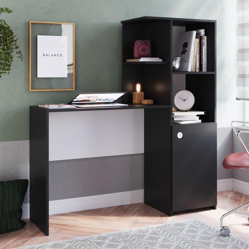 Escrivaninha Capri Mesa Para Computador Home Office 1 Porta 2 Prateleiras Quarto Escritório Preto