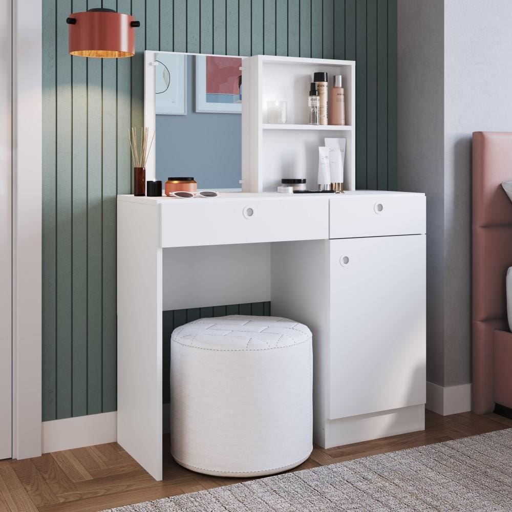 Penteadeira Star Escrivaninha Mesa Para Maquiagem Com Iluminação LED 1 Porta 2 Gavetas Quarto Branco