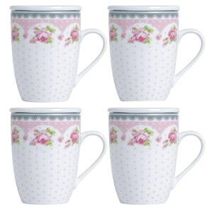 4 Canecas de Porcelana para Chá 310ml com Tampa e Filtro Inox Infusoor Lyor Rosa