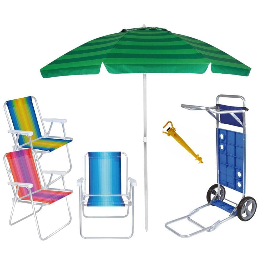 Kit Praia Carrinho Com Avanço + 3 Cadeira Alumínio Alta + Guarda Sol 2m + Saca Areia - Mor